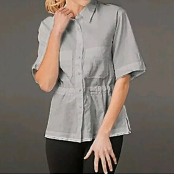 Eileen Fisher short sleeve linen and viscose button camp drawstring waist shirt - Picture 1 of 7